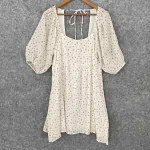 En Creme Ditsy Floral Peasant‎ Puff Sleeve Mini Dress Size L Smocked Tie Back